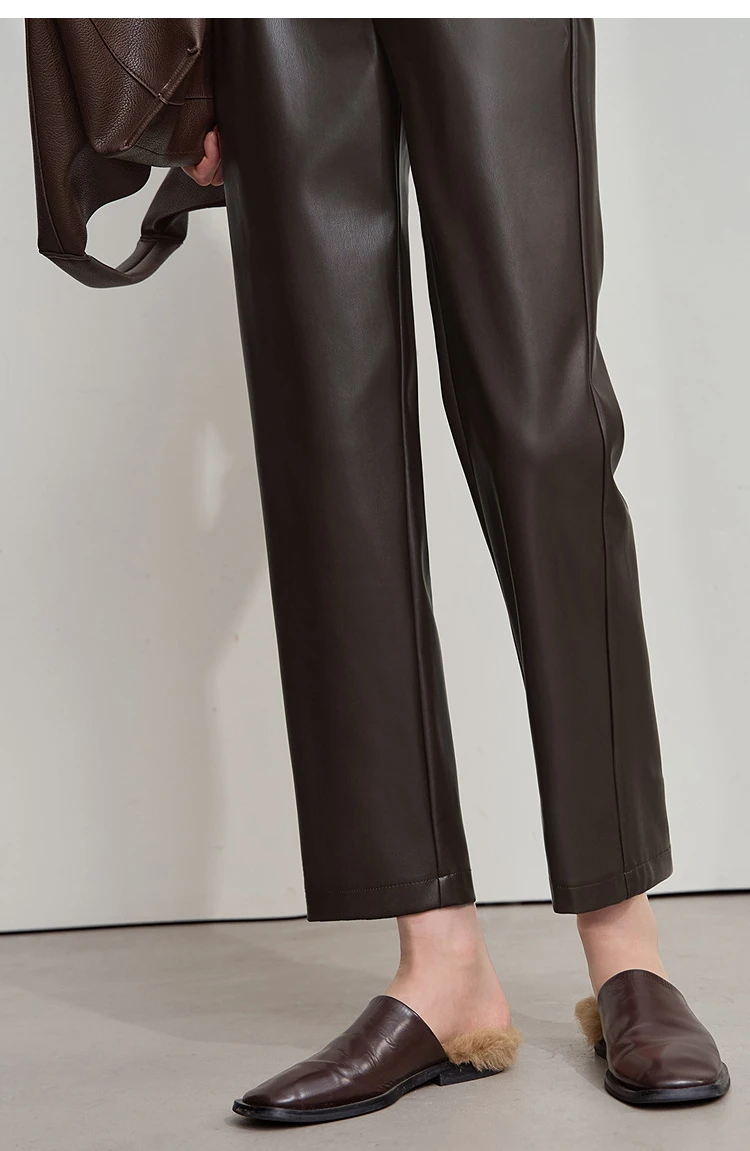 AMII Minimalist Women's Casual Pants 2026 Autumn Streetwear Loose Fit Black Pants Ankle-Length PU Leather Lady Trousers 12523102
