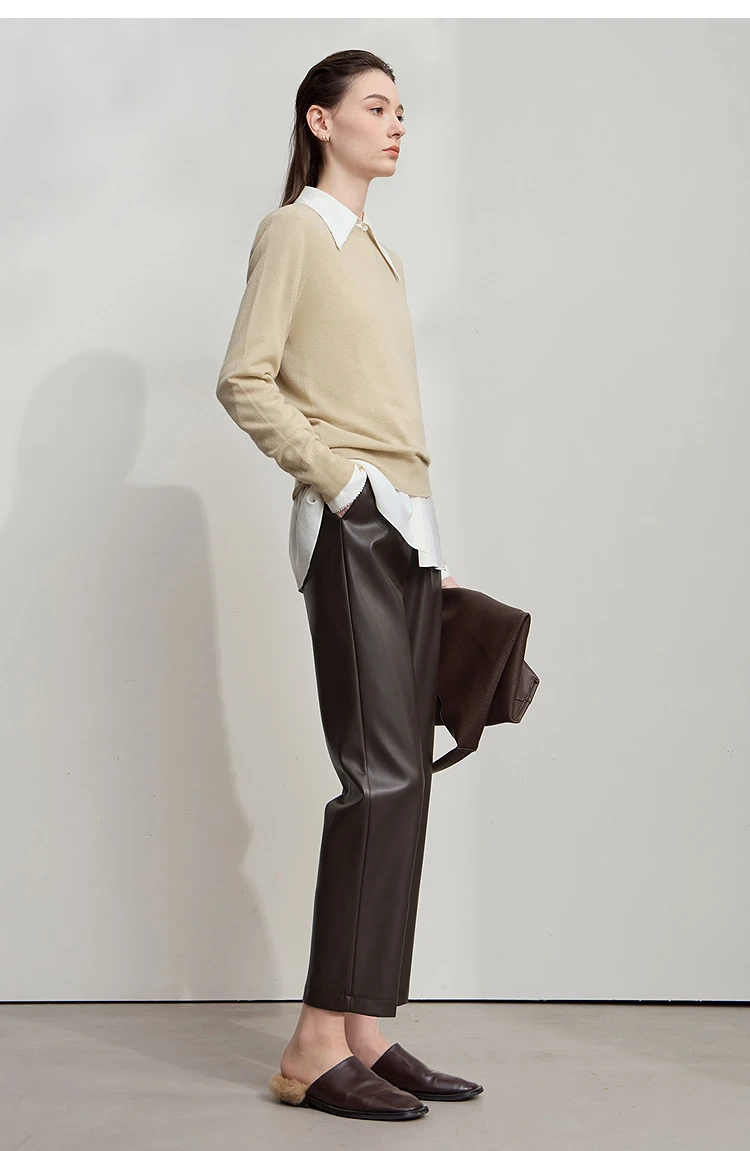 AMII Minimalist Women's Casual Pants 2026 Autumn Streetwear Loose Fit Black Pants Ankle-Length PU Leather Lady Trousers 12523102