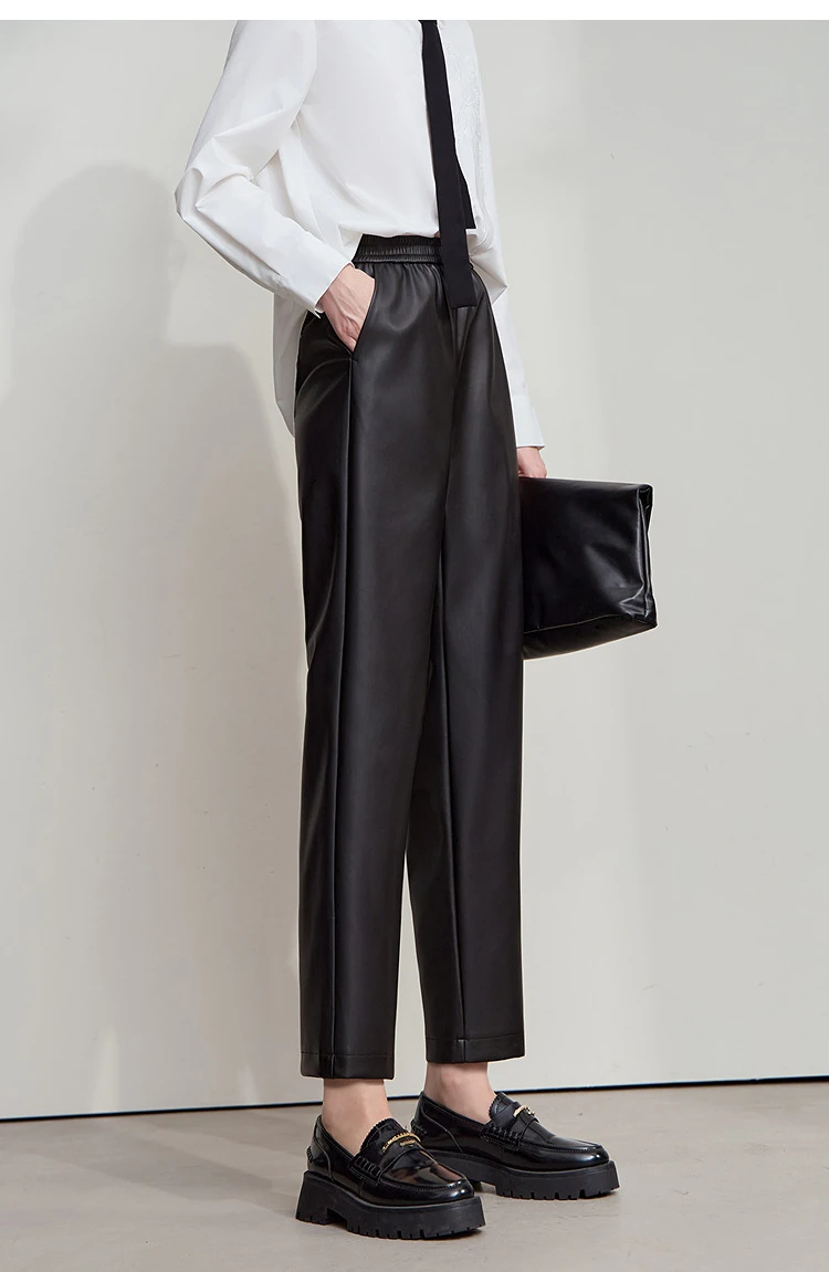 AMII Minimalist Women's Casual Pants 2026 Autumn Streetwear Loose Fit Black Pants Ankle-Length PU Leather Lady Trousers 12523102
