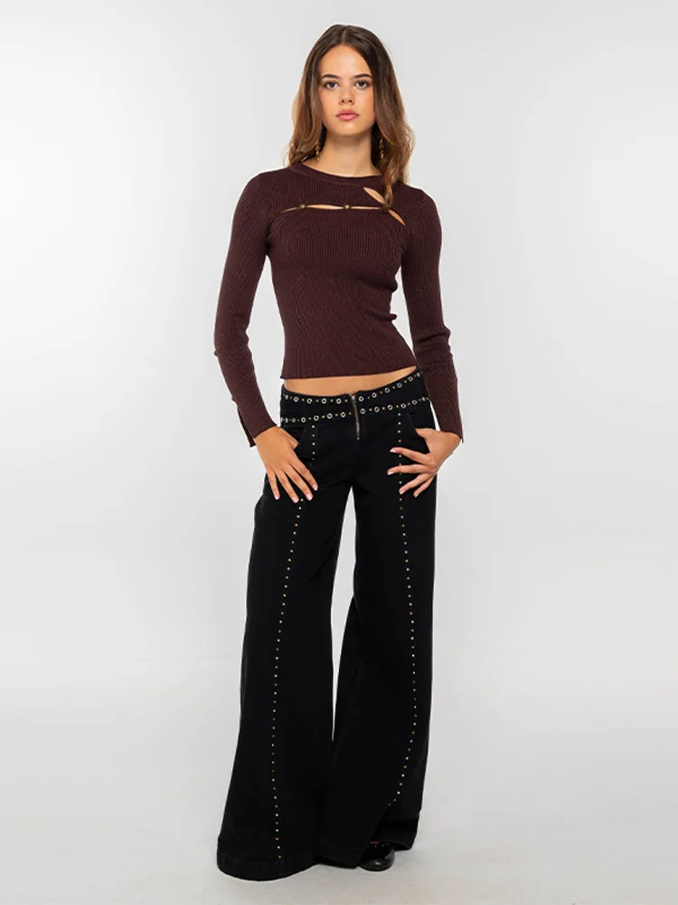 Women Cool Riveted Low Waisted Black Jeans Fashion Floor Length Wide Leg Pants Chic Versatile Pant 2025 New Lady Commute Clothes