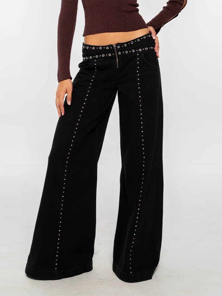 Women Cool Riveted Low Waisted Black Jeans Fashion Floor Length Wide Leg Pants Chic Versatile Pant 2025 New Lady Commute Clothes