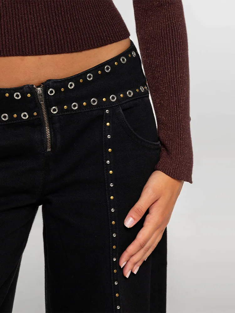 Women Cool Riveted Low Waisted Black Jeans Fashion Floor Length Wide Leg Pants Chic Versatile Pant 2025 New Lady Commute Clothes