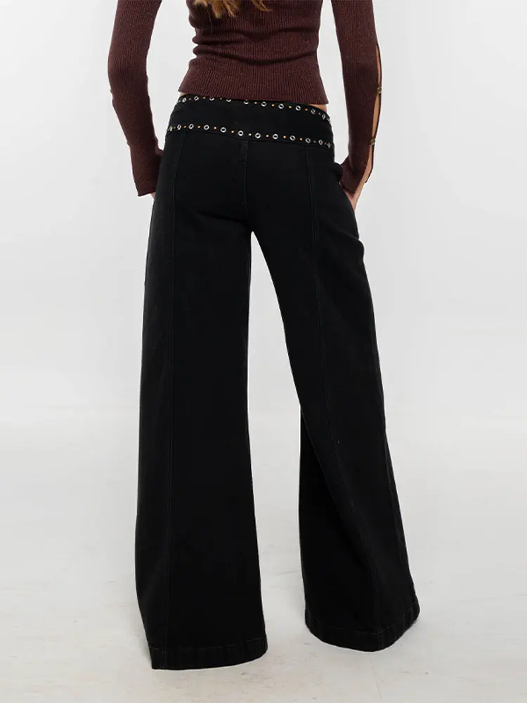 Women Cool Riveted Low Waisted Black Jeans Fashion Floor Length Wide Leg Pants Chic Versatile Pant 2025 New Lady Commute Clothes