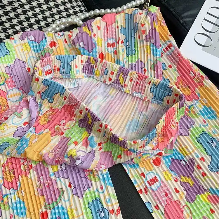 Cute Kawaii Cartoon Print Pleated Wide-legged Pants Women Streetwear Loose Straight Leg Pants Y2k Clothing Spring Summer Trouser