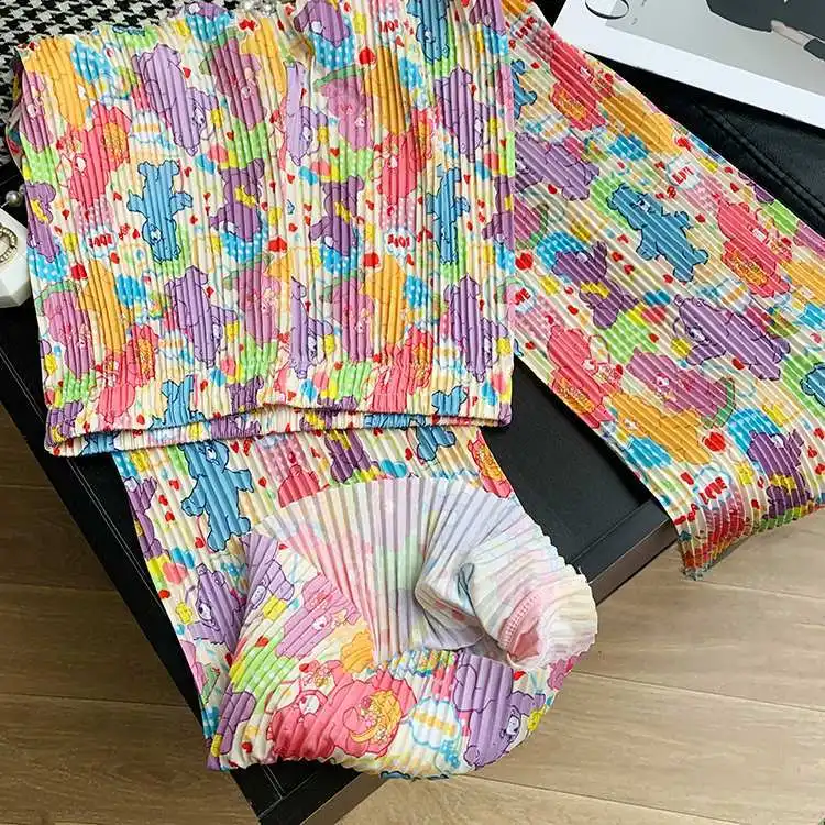Cute Kawaii Cartoon Print Pleated Wide-legged Pants Women Streetwear Loose Straight Leg Pants Y2k Clothing Spring Summer Trouser