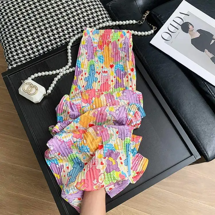 Cute Kawaii Cartoon Print Pleated Wide-legged Pants Women Streetwear Loose Straight Leg Pants Y2k Clothing Spring Summer Trouser