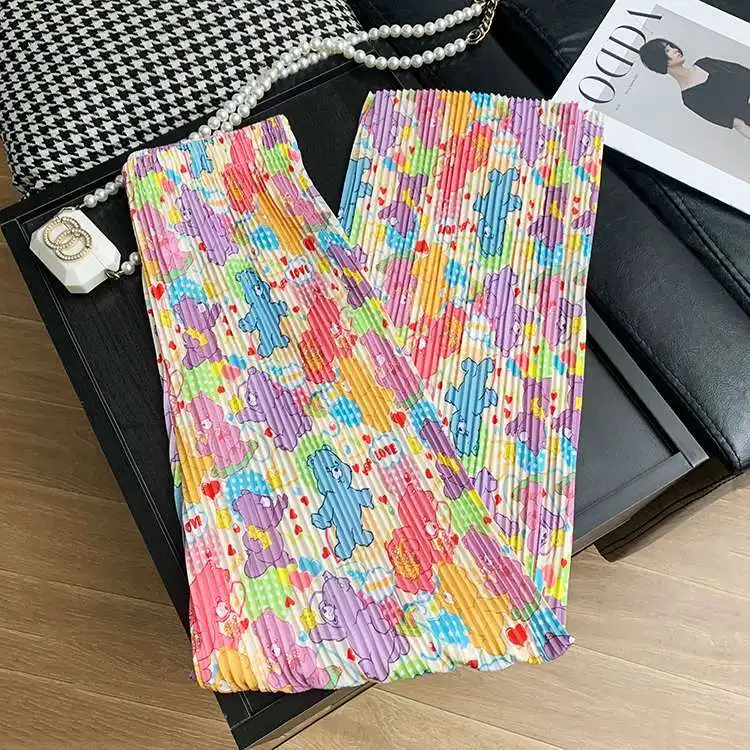 Cute Kawaii Cartoon Print Pleated Wide-legged Pants Women Streetwear Loose Straight Leg Pants Y2k Clothing Spring Summer Trouser