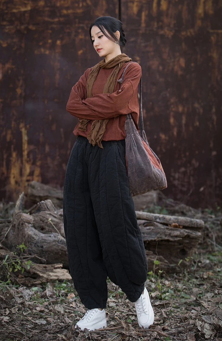 Thick Warm Casual Padded Pant Women New 2024 Winter Vintage Style Solid Color Loose Female Quilted Cotton Linen Harem Pants M092