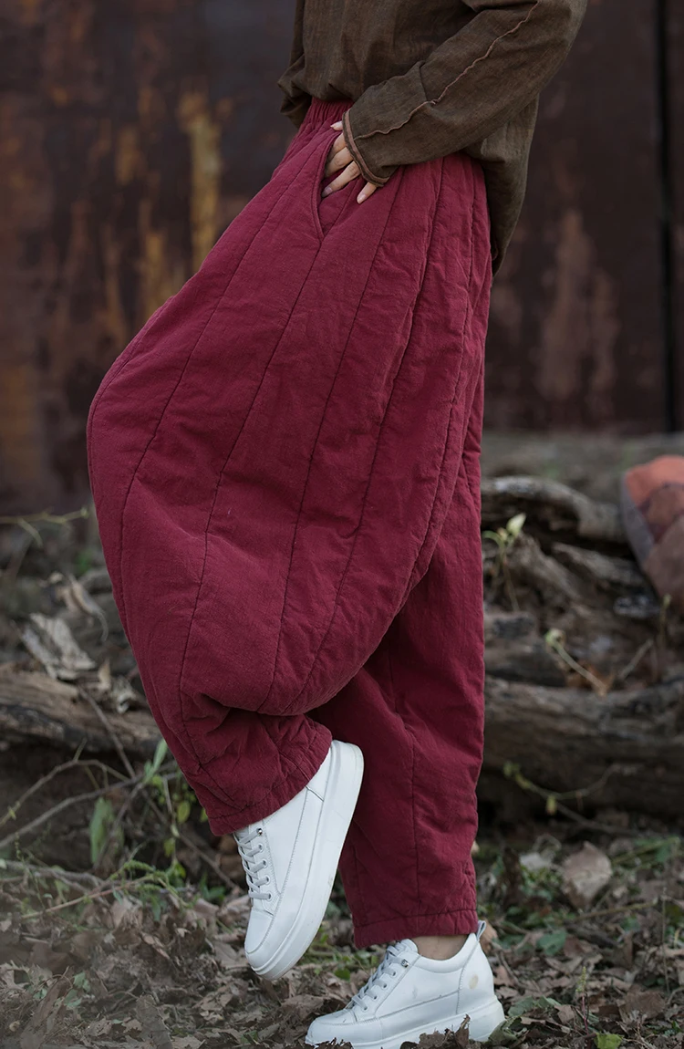 Thick Warm Casual Padded Pant Women New 2024 Winter Vintage Style Solid Color Loose Female Quilted Cotton Linen Harem Pants M092