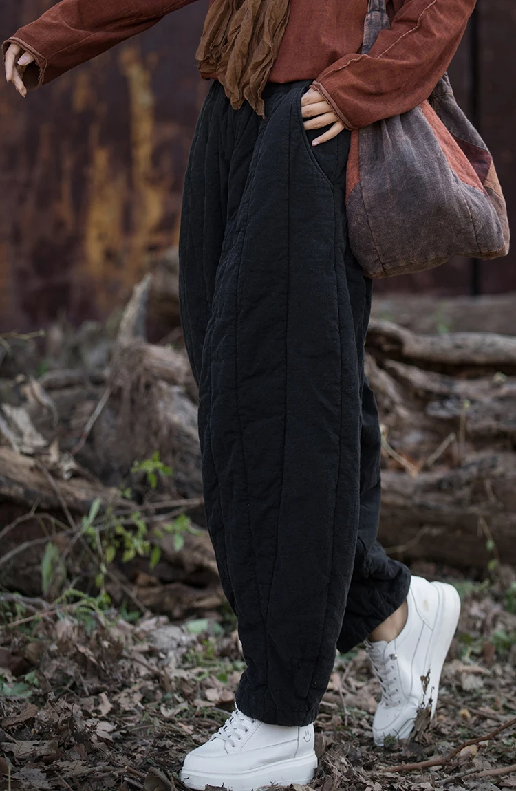 Thick Warm Casual Padded Pant Women New 2024 Winter Vintage Style Solid Color Loose Female Quilted Cotton Linen Harem Pants M092