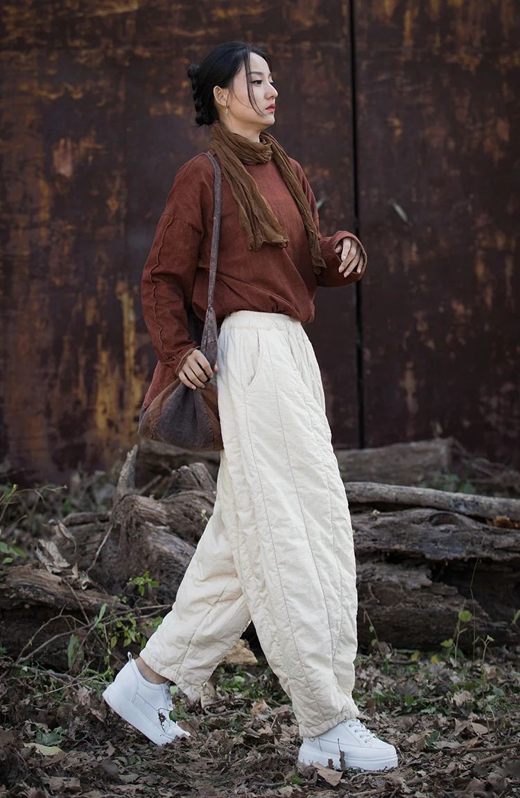 Thick Warm Casual Padded Pant Women New 2024 Winter Vintage Style Solid Color Loose Female Quilted Cotton Linen Harem Pants M092