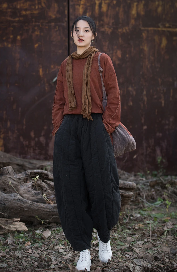 Thick Warm Casual Padded Pant Women New 2024 Winter Vintage Style Solid Color Loose Female Quilted Cotton Linen Harem Pants M092