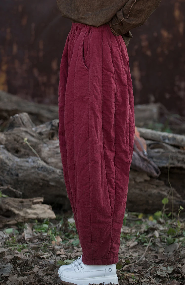 Thick Warm Casual Padded Pant Women New 2024 Winter Vintage Style Solid Color Loose Female Quilted Cotton Linen Harem Pants M092