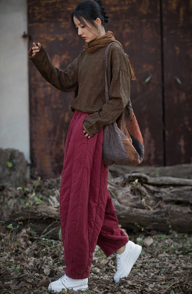 Thick Warm Casual Padded Pant Women New 2024 Winter Vintage Style Solid Color Loose Female Quilted Cotton Linen Harem Pants M092