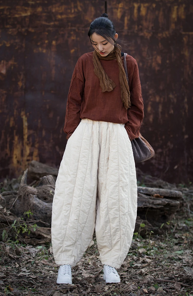 Thick Warm Casual Padded Pant Women New 2024 Winter Vintage Style Solid Color Loose Female Quilted Cotton Linen Harem Pants M092