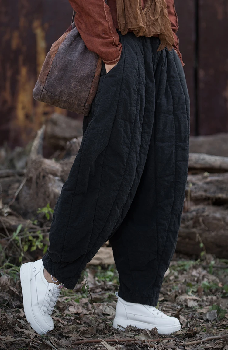 Thick Warm Casual Padded Pant Women New 2024 Winter Vintage Style Solid Color Loose Female Quilted Cotton Linen Harem Pants M092