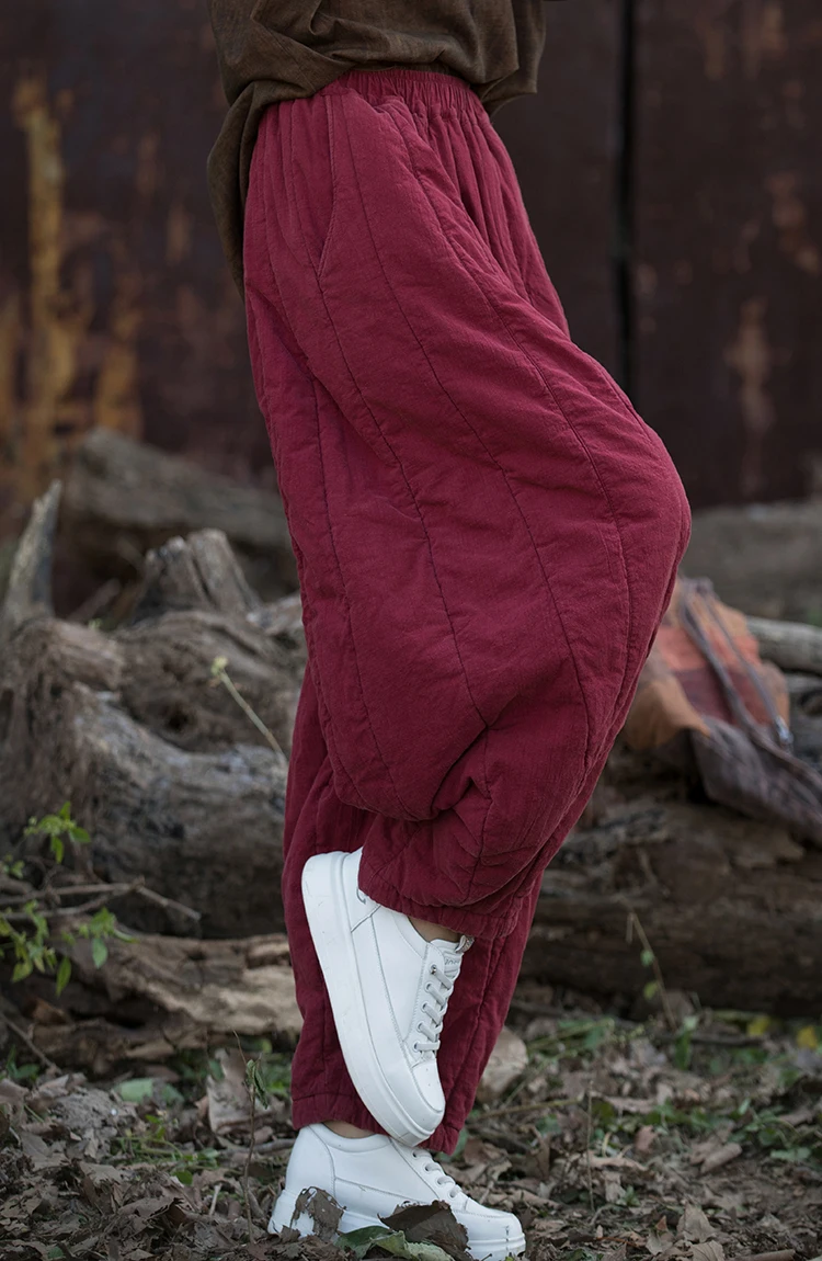 Thick Warm Casual Padded Pant Women New 2024 Winter Vintage Style Solid Color Loose Female Quilted Cotton Linen Harem Pants M092