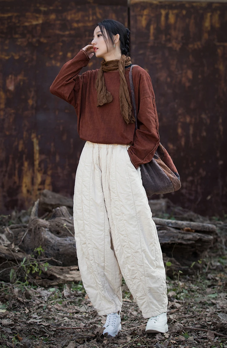 Thick Warm Casual Padded Pant Women New 2024 Winter Vintage Style Solid Color Loose Female Quilted Cotton Linen Harem Pants M092