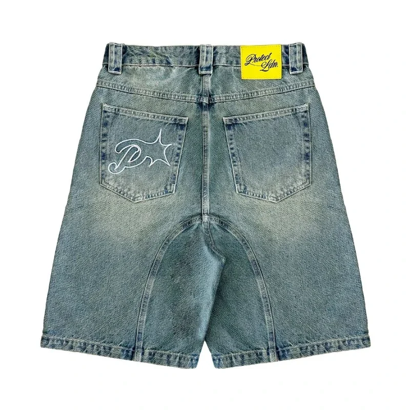 HOUZHOU Y2k Vintage Harajuku Short Jeans Women Washed Embroidery American Retro Man Denim Jorts Baggy Hip Hop Streetwear Summer