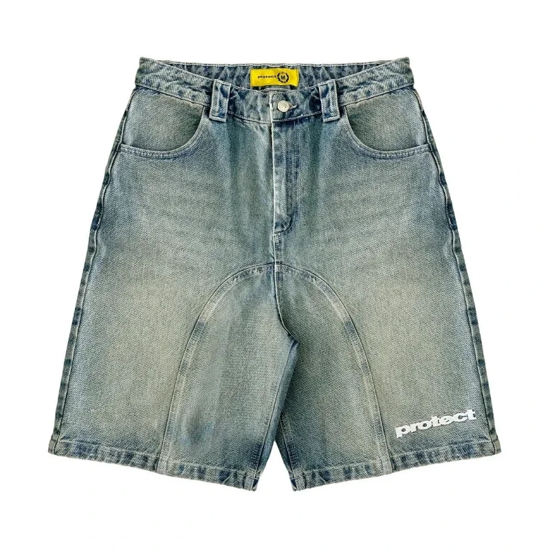 HOUZHOU Y2k Vintage Harajuku Short Jeans Women Washed Embroidery American Retro Man Denim Jorts Baggy Hip Hop Streetwear Summer