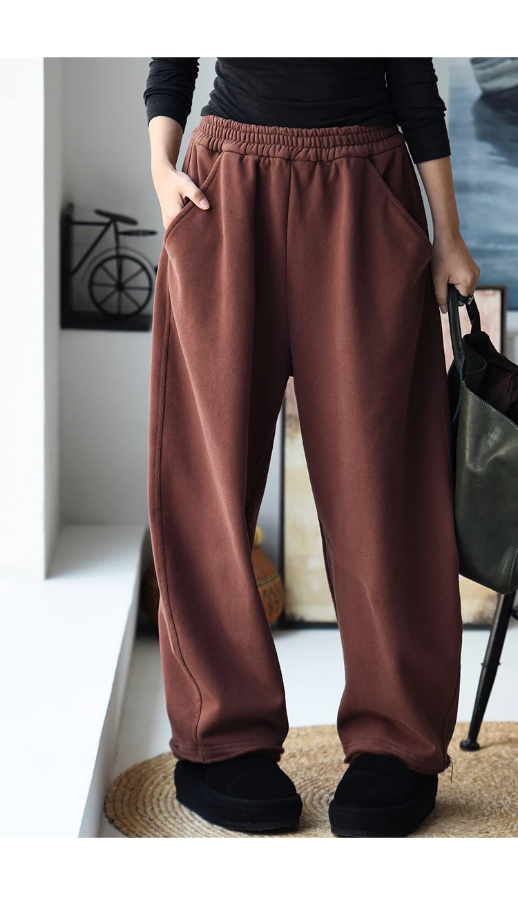 K67176 Korean Style Banana Pants Loose Elastic Waist Thickened Frayed Hem Casual Pants for Women