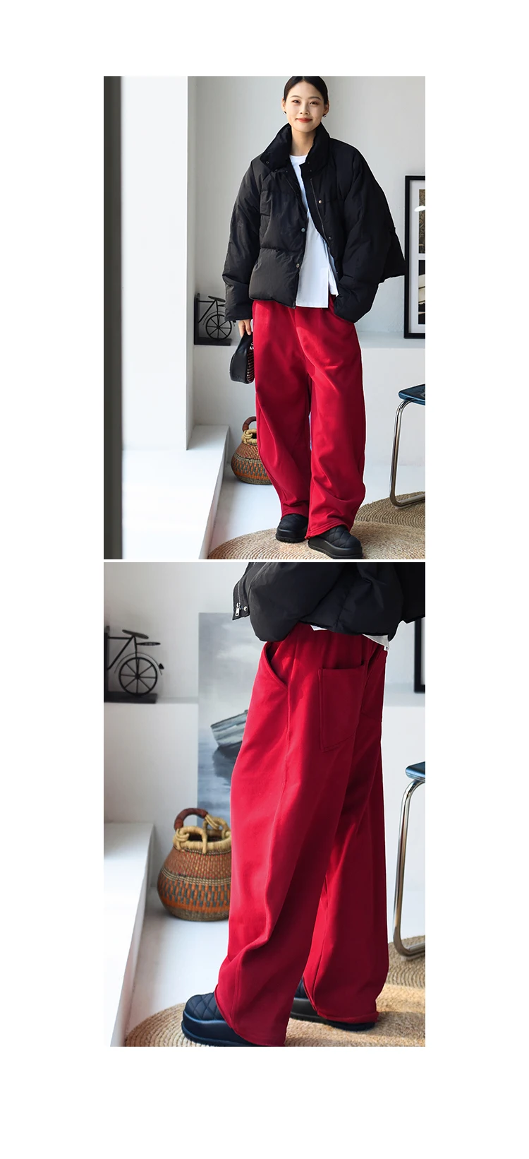 K67176 Korean Style Banana Pants Loose Elastic Waist Thickened Frayed Hem Casual Pants for Women