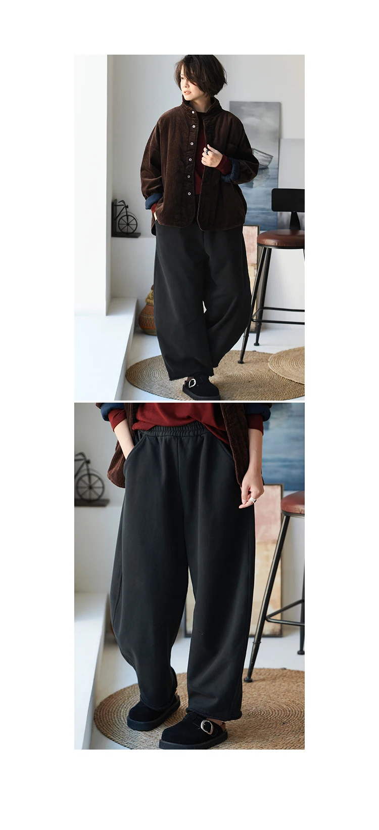 K67176 Korean Style Banana Pants Loose Elastic Waist Thickened Frayed Hem Casual Pants for Women