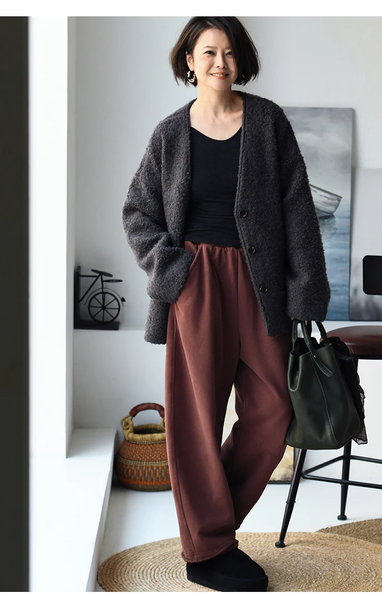 K67176 Korean Style Banana Pants Loose Elastic Waist Thickened Frayed Hem Casual Pants for Women