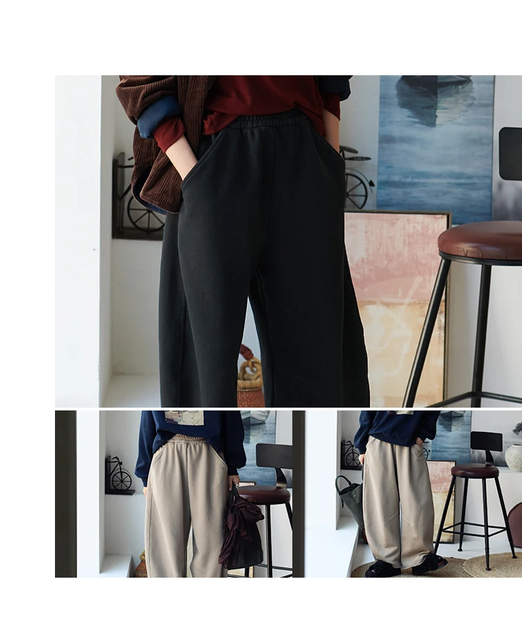 K67176 Korean Style Banana Pants Loose Elastic Waist Thickened Frayed Hem Casual Pants for Women