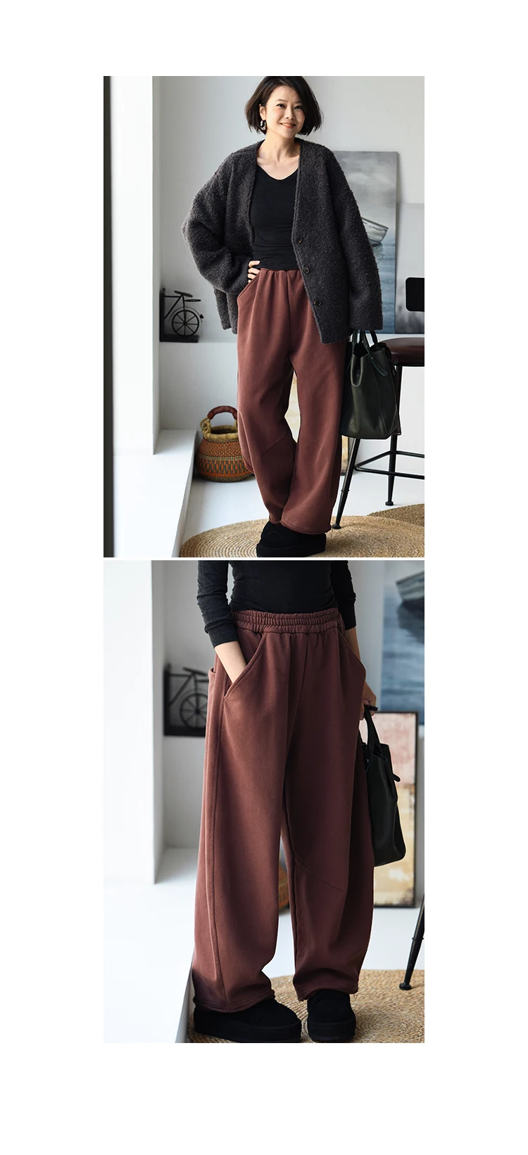 K67176 Korean Style Banana Pants Loose Elastic Waist Thickened Frayed Hem Casual Pants for Women