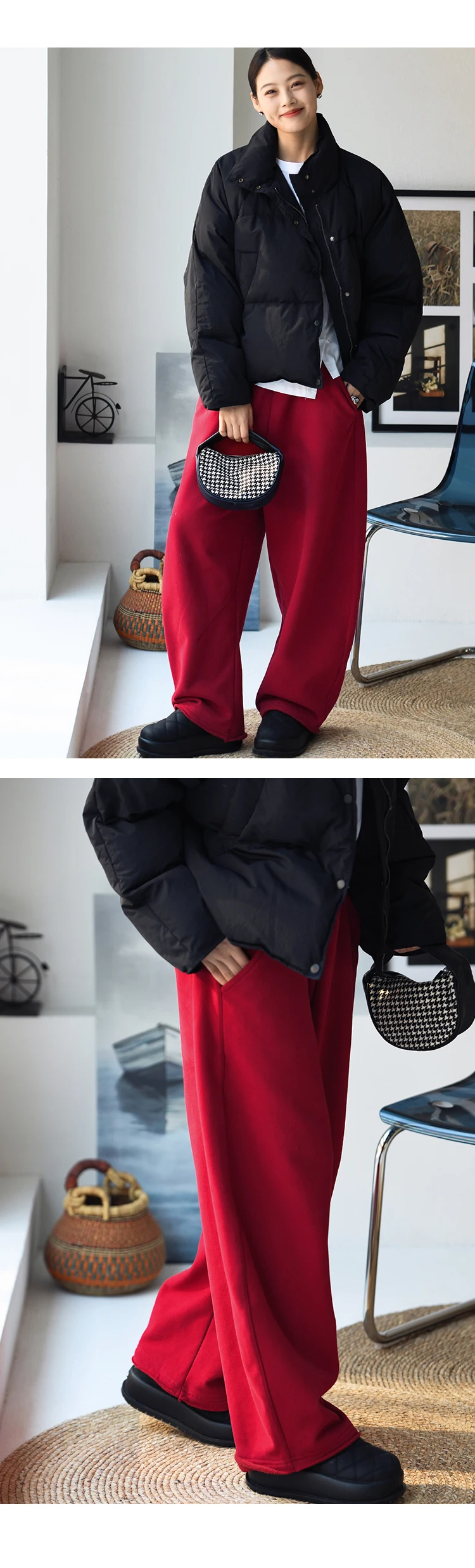 K67176 Korean Style Banana Pants Loose Elastic Waist Thickened Frayed Hem Casual Pants for Women