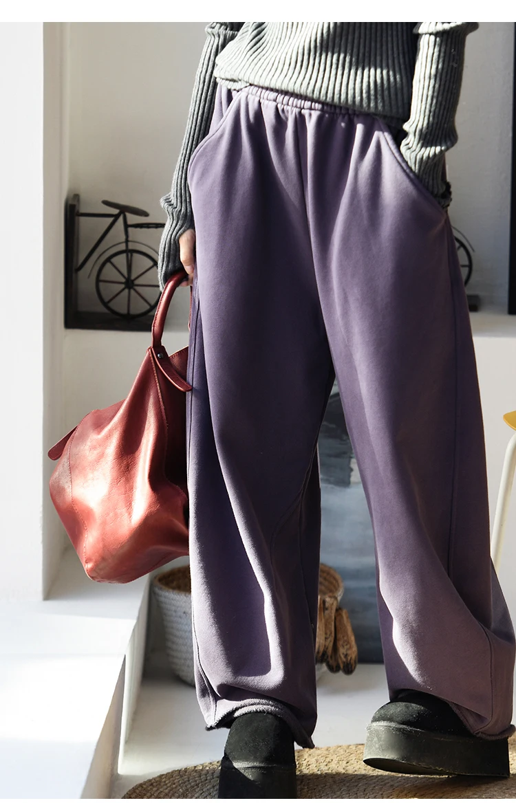 K67176 Korean Style Banana Pants Loose Elastic Waist Thickened Frayed Hem Casual Pants for Women