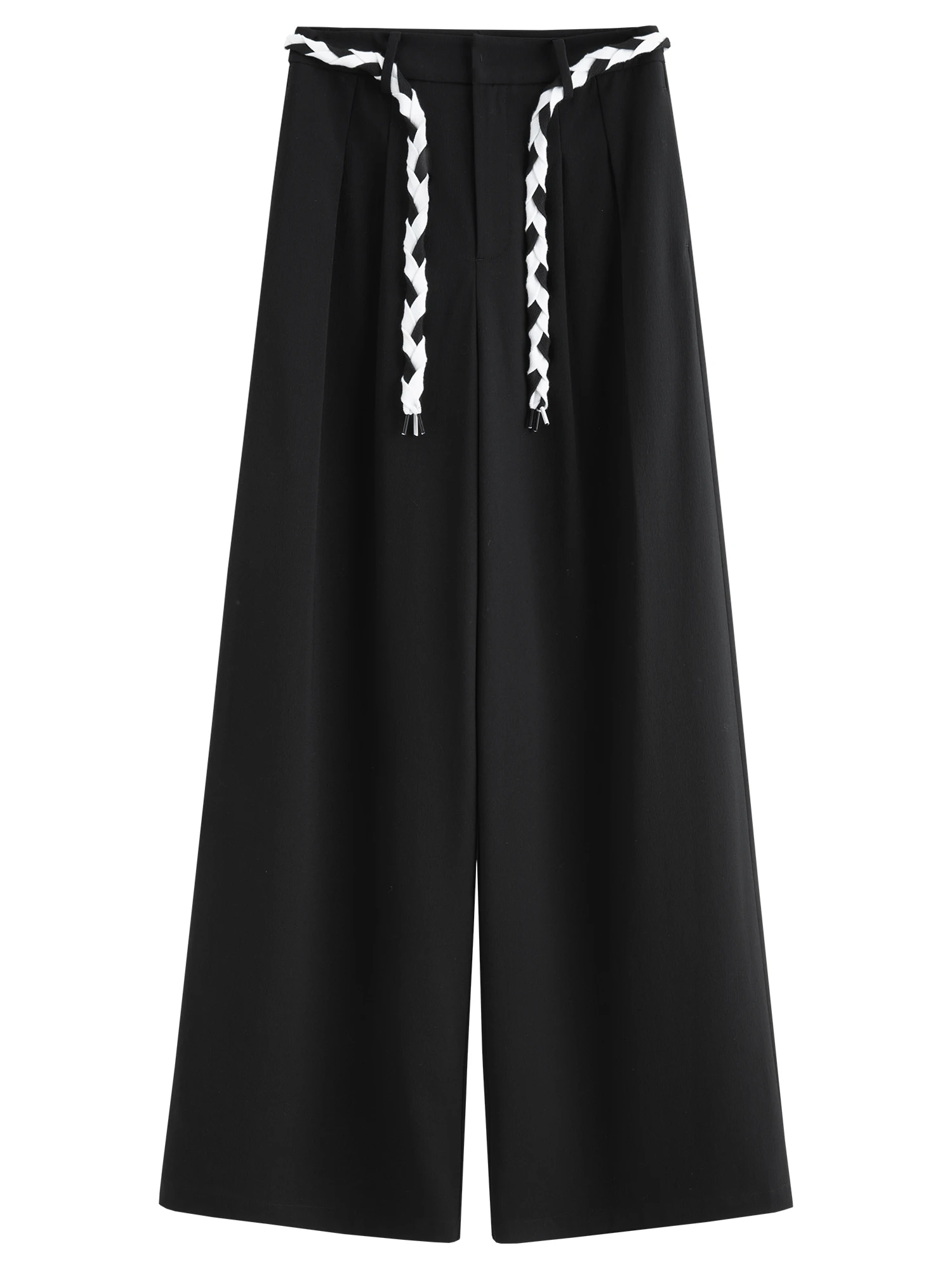 FSLE 2025 New Women Loose Fit Wide Leg Pants Black White Trousers High Waist Casual Pants Soft Drapey Free Waist Rope Vintage