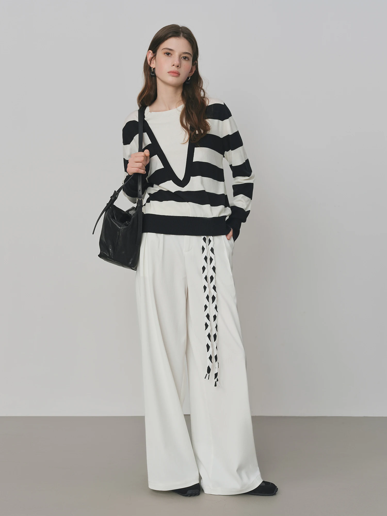 FSLE 2025 New Women Loose Fit Wide Leg Pants Black White Trousers High Waist Casual Pants Soft Drapey Free Waist Rope Vintage