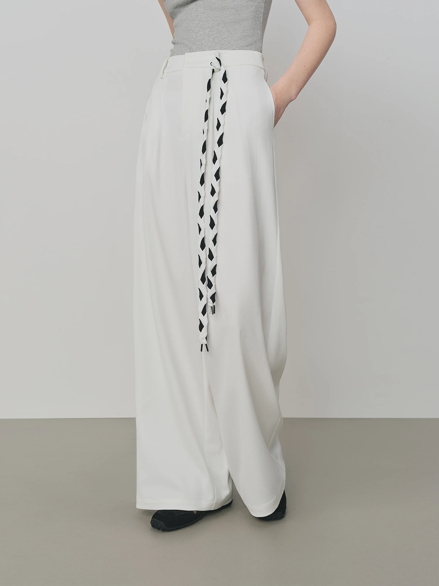 FSLE 2025 New Women Loose Fit Wide Leg Pants Black White Trousers High Waist Casual Pants Soft Drapey Free Waist Rope Vintage