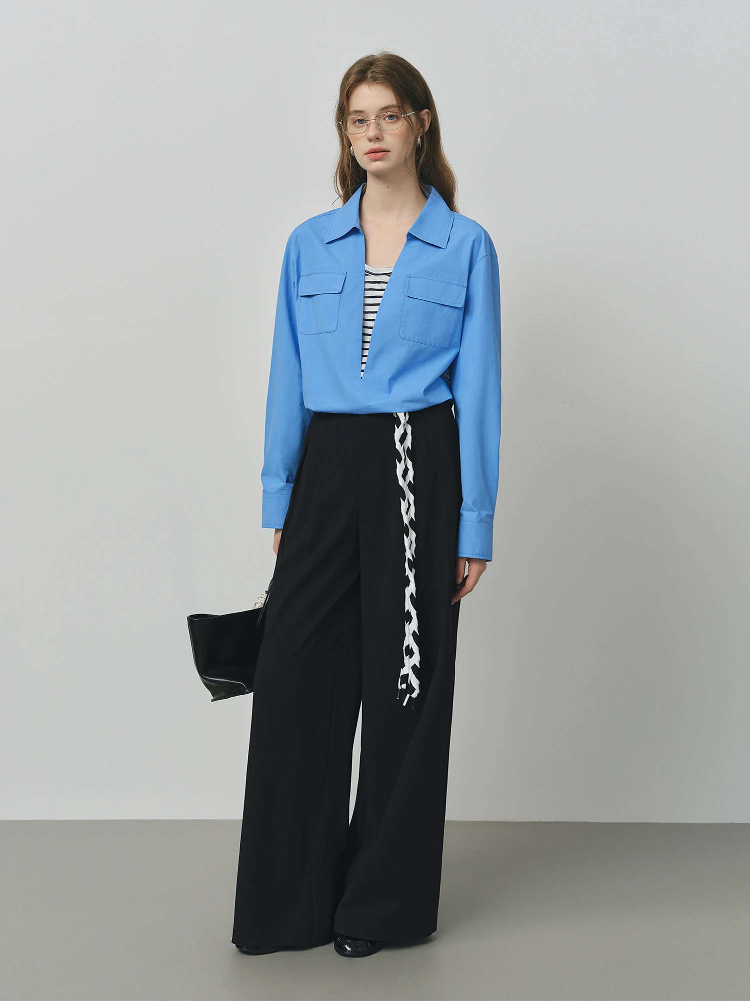 FSLE 2025 New Women Loose Fit Wide Leg Pants Black White Trousers High Waist Casual Pants Soft Drapey Free Waist Rope Vintage