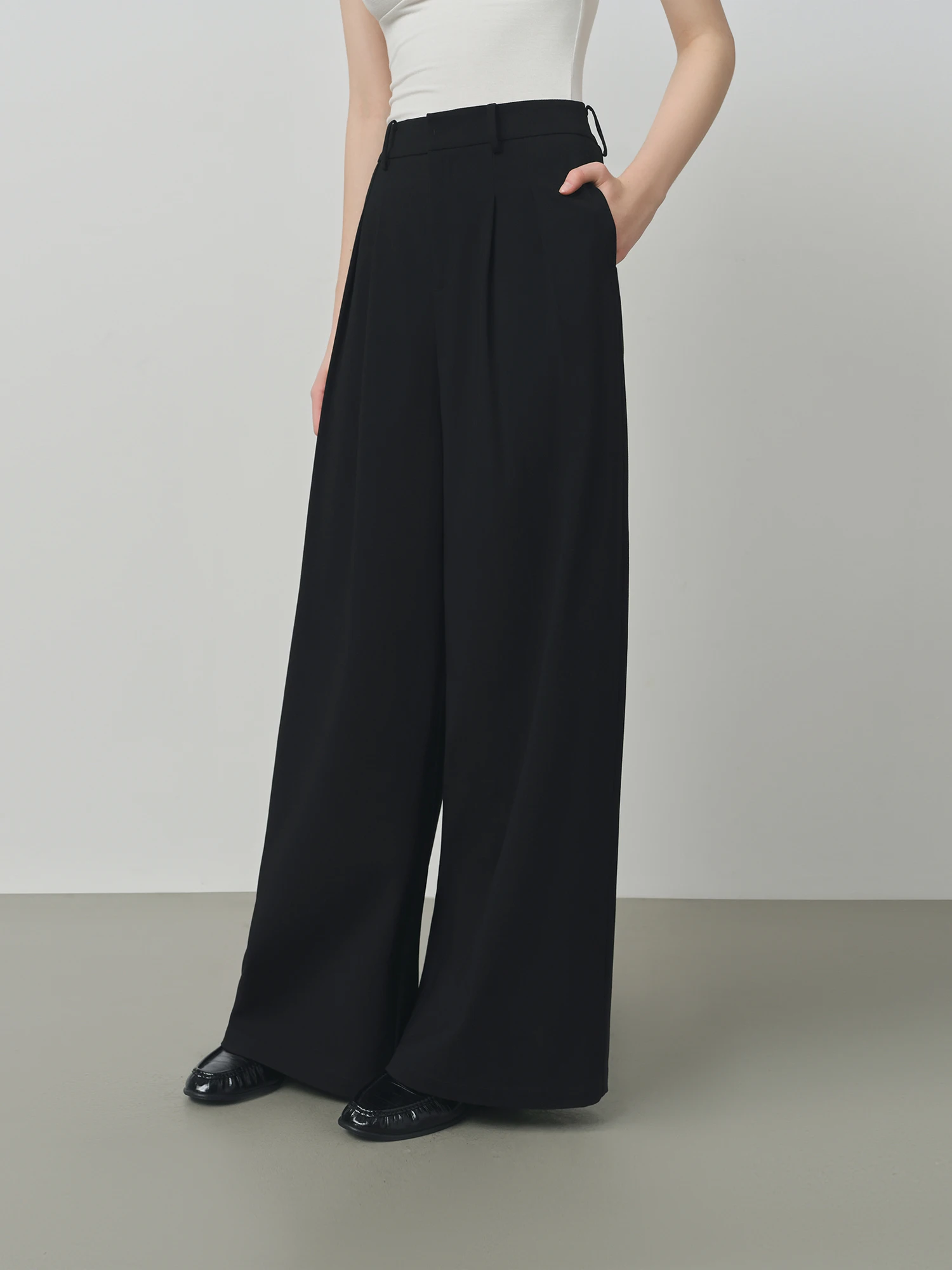 FSLE 2025 New Women Loose Fit Wide Leg Pants Black White Trousers High Waist Casual Pants Soft Drapey Free Waist Rope Vintage
