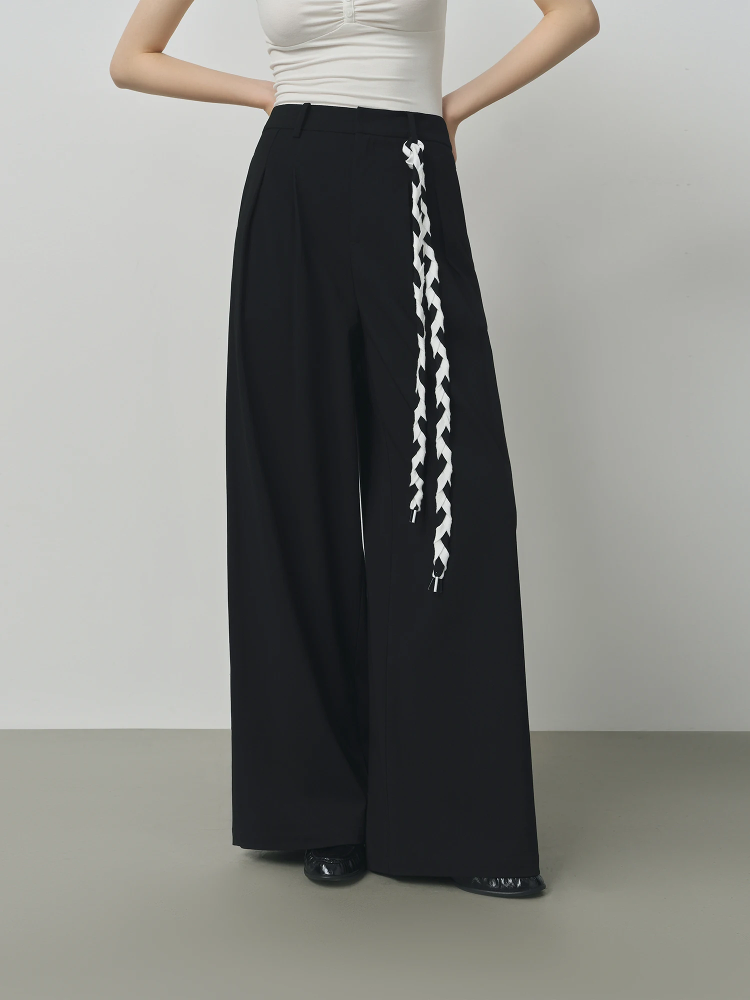 FSLE 2025 New Women Loose Fit Wide Leg Pants Black White Trousers High Waist Casual Pants Soft Drapey Free Waist Rope Vintage