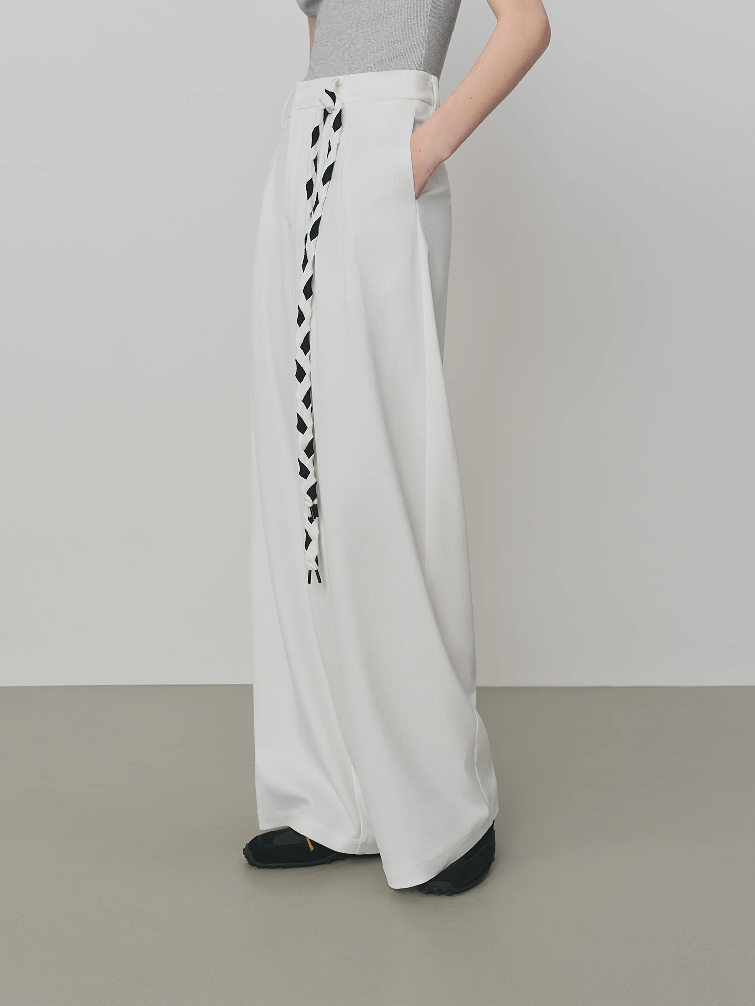 FSLE 2025 New Women Loose Fit Wide Leg Pants Black White Trousers High Waist Casual Pants Soft Drapey Free Waist Rope Vintage