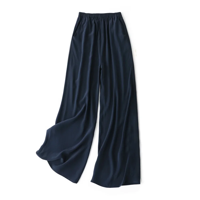 SuyaDream Women Wide Leg Pants 100%Real Silk Solid Elastic Waisted Ankle-length 2025 Office Spring Autumn Chic Trousers Black