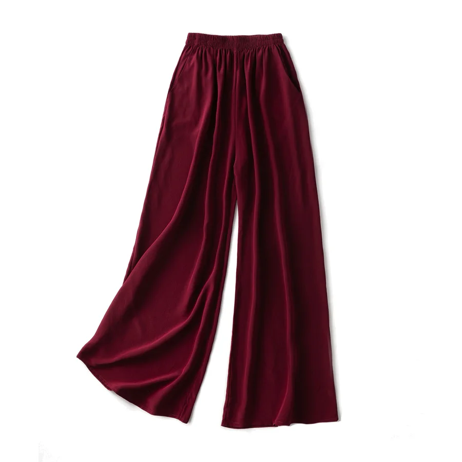 SuyaDream Women Wide Leg Pants 100%Real Silk Solid Elastic Waisted Ankle-length 2025 Office Spring Autumn Chic Trousers Black