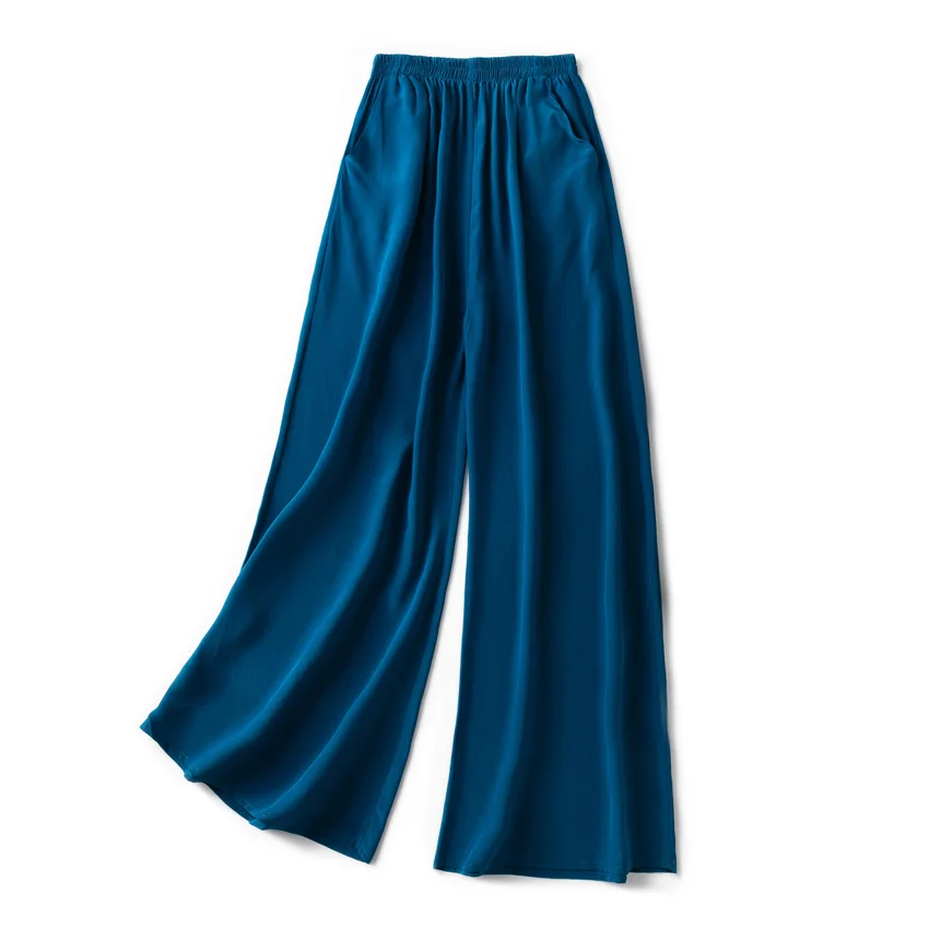 SuyaDream Women Wide Leg Pants 100%Real Silk Solid Elastic Waisted Ankle-length 2025 Office Spring Autumn Chic Trousers Black