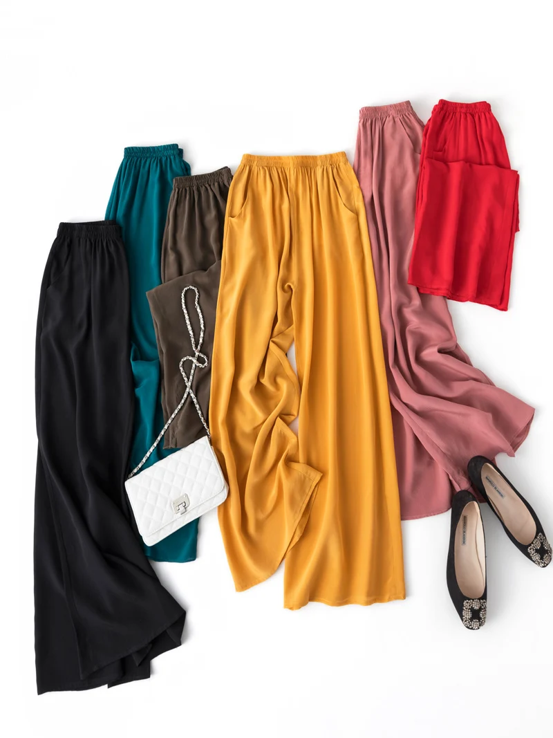 SuyaDream Women Wide Leg Pants 100%Real Silk Solid Elastic Waisted Ankle-length 2025 Office Spring Autumn Chic Trousers Black