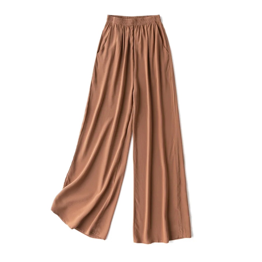 SuyaDream Women Wide Leg Pants 100%Real Silk Solid Elastic Waisted Ankle-length 2025 Office Spring Autumn Chic Trousers Black
