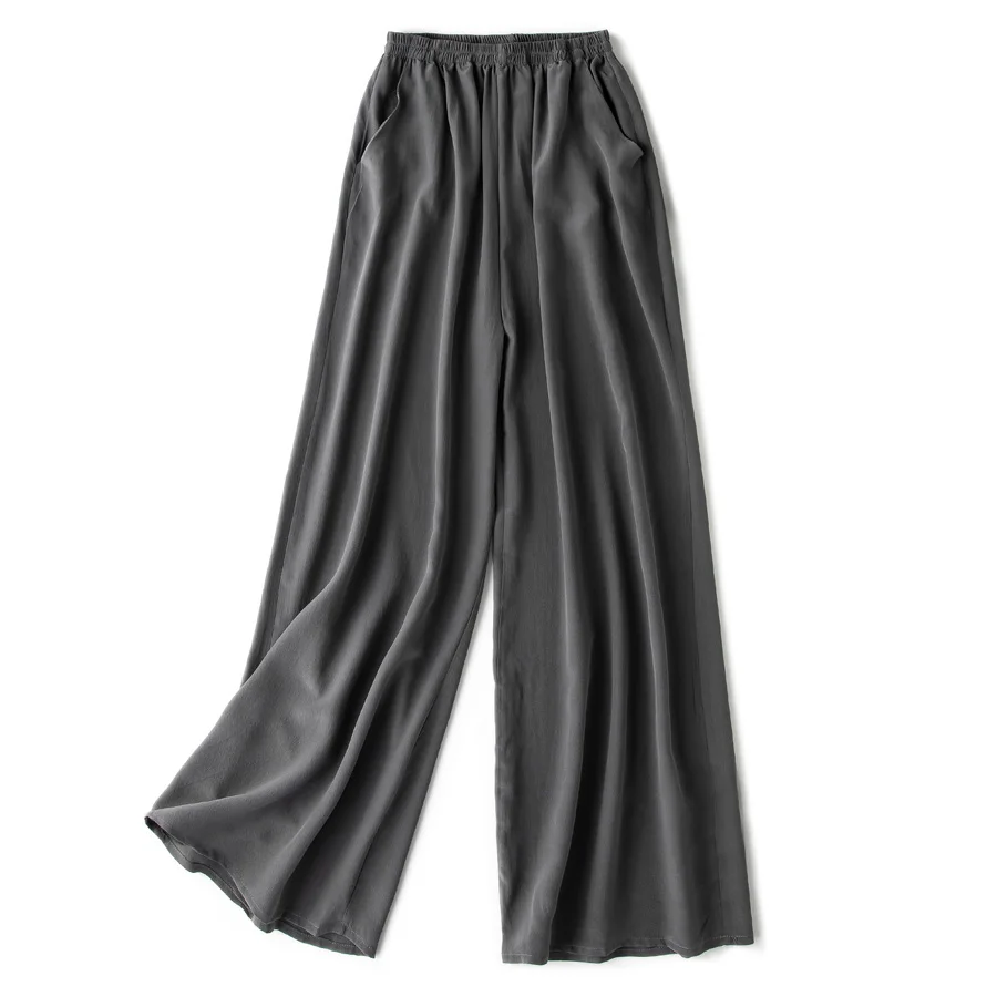 SuyaDream Women Wide Leg Pants 100%Real Silk Solid Elastic Waisted Ankle-length 2025 Office Spring Autumn Chic Trousers Black