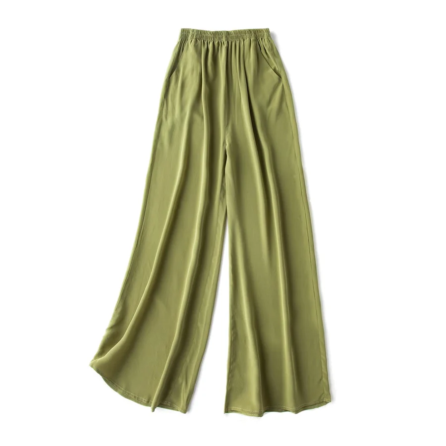 SuyaDream Women Wide Leg Pants 100%Real Silk Solid Elastic Waisted Ankle-length 2025 Office Spring Autumn Chic Trousers Black