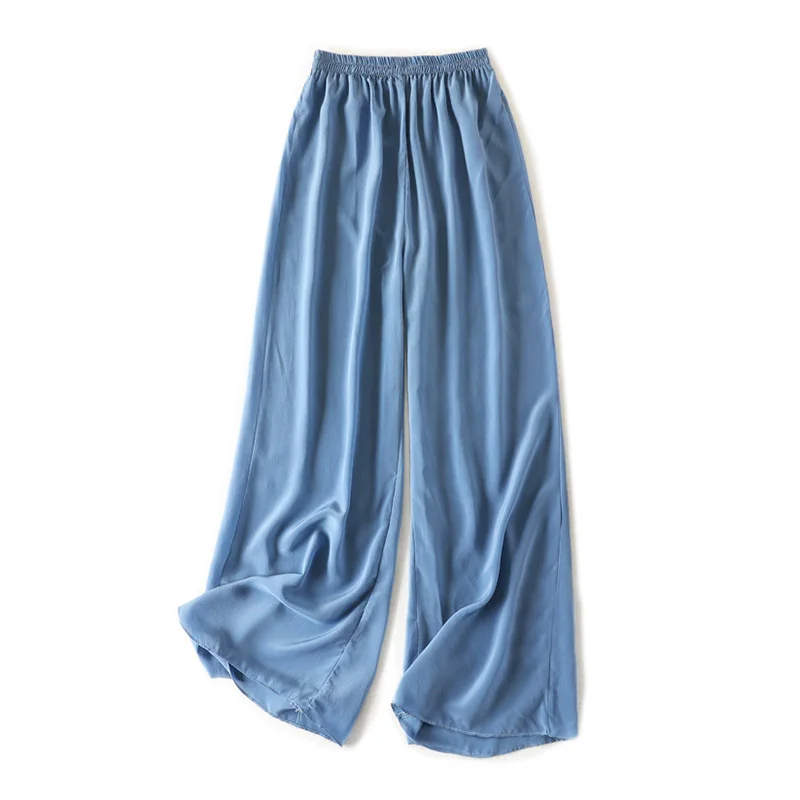 SuyaDream Women Wide Leg Pants 100%Real Silk Solid Elastic Waisted Ankle-length 2025 Office Spring Autumn Chic Trousers Black
