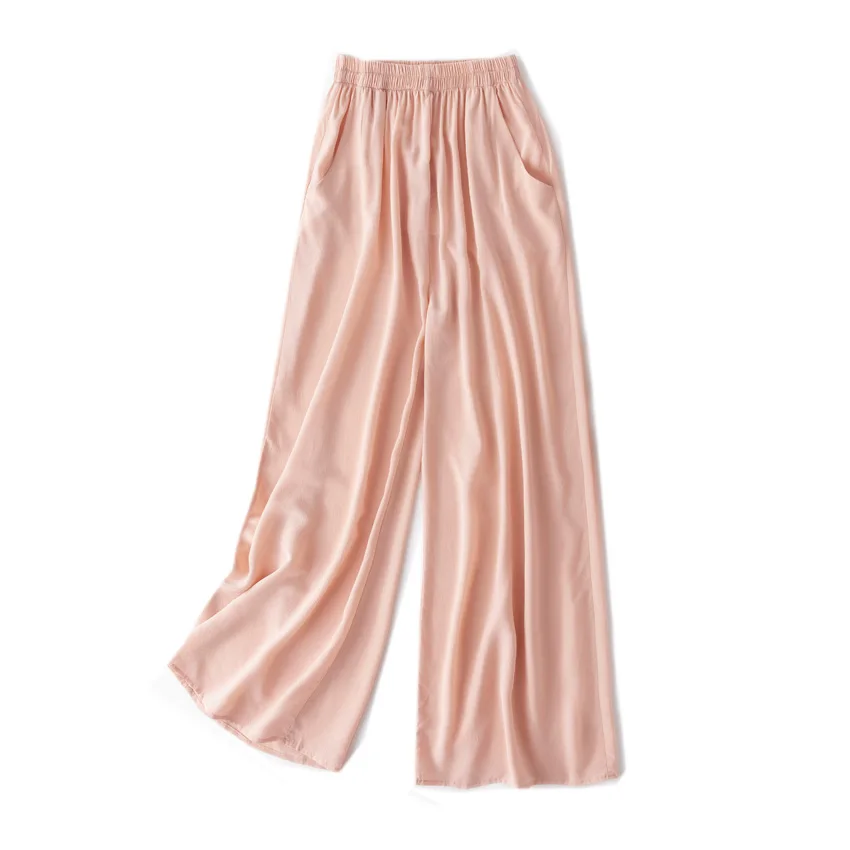 SuyaDream Women Wide Leg Pants 100%Real Silk Solid Elastic Waisted Ankle-length 2025 Office Spring Autumn Chic Trousers Black