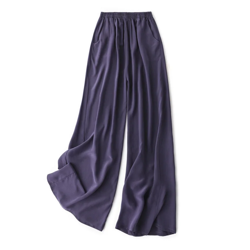 SuyaDream Women Wide Leg Pants 100%Real Silk Solid Elastic Waisted Ankle-length 2025 Office Spring Autumn Chic Trousers Black