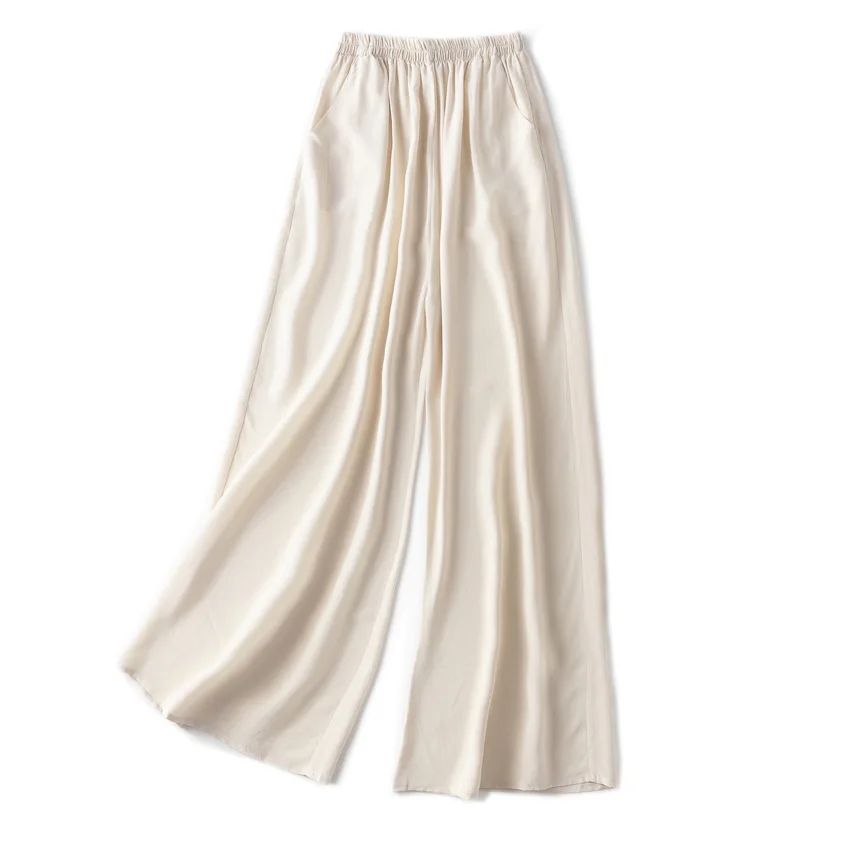 SuyaDream Women Wide Leg Pants 100%Real Silk Solid Elastic Waisted Ankle-length 2025 Office Spring Autumn Chic Trousers Black